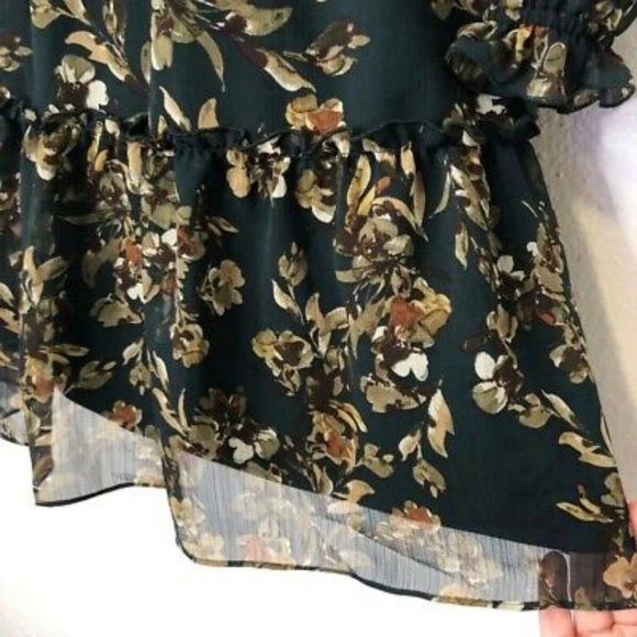 Drew Floral Green Fern and Brown Ruffle Chiffon Knee Length Dress Size M NWT - Picture 7 of 9
